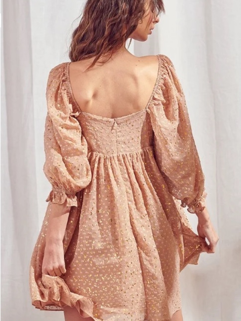 Storia Dusty Rose Puff Sleeve Mini Dress with Gold Metallic Dots